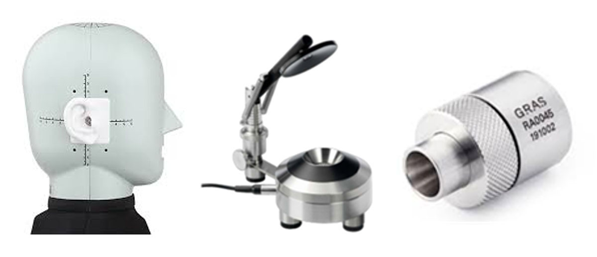 画像: 左から、HATS(IEC 60318-7)、カプラー(IEC 60318-1、OE/AE計測用)、カプラー(IEC 60318-4、IE計測用)