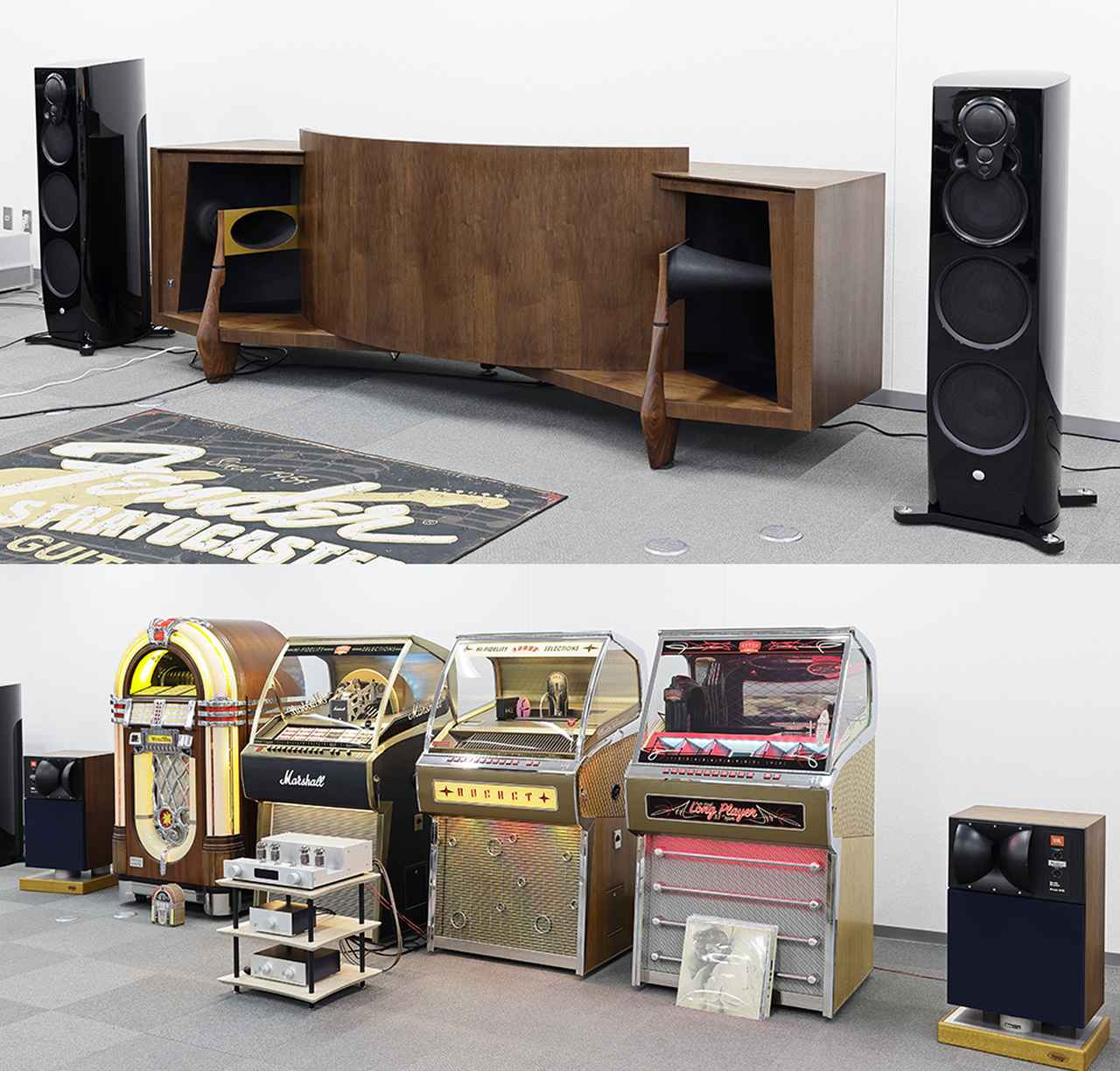 画像: 上のJBLレンジャーパラゴンと下のジュークボックスは『管球王国』115号取材時の写真。和佐氏は7インチEPの蒐集にも力を入れられている。ジュークボックス両サイドのJBL4425は和佐氏が学生時代に本格的なスピーカーとして初めて入手されたもの。