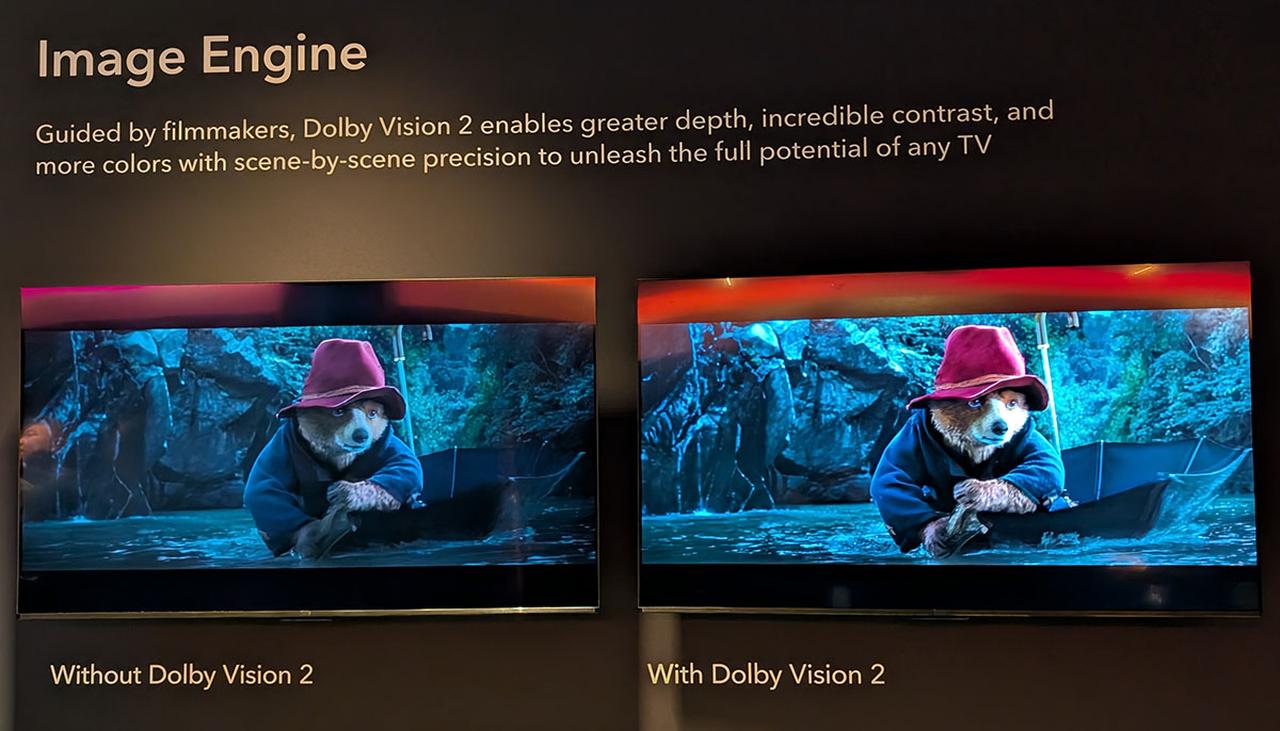 画像: CES2026のDolbyVision 2デモ展示より。テレビ側で持つIMAGE ENGINEという、Dolby Vision2回路の有無。右のDolby Vision2ありは、黒側の階調が緻密に再現されている。中間調のディテイルも明確