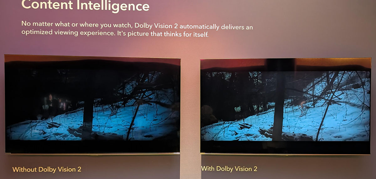 画像: CES2026のDolbyVision 2デモ展示より。「Content Intelligence」。暗部階調とコントラストがまったく違う