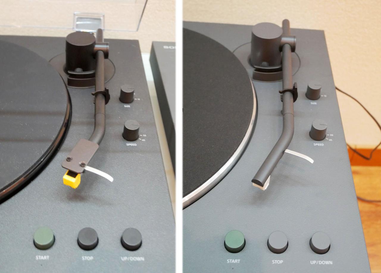 画像: ルミパイプを使った新設計ダイナミックバランス型トーンアームを採用。PS-LX5BT(左)とPS-LX3BT(右)では付属レコード針にも違いがあり、先端部分の構造も異なっている