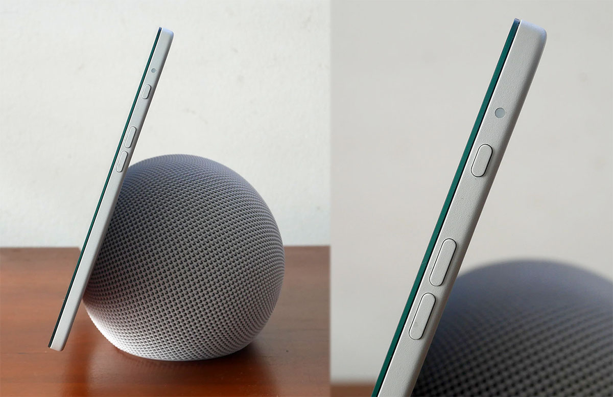 画像: ディスプレイ右側面にマイク/カメラのオン・オフやボリュウムボタンを装備する