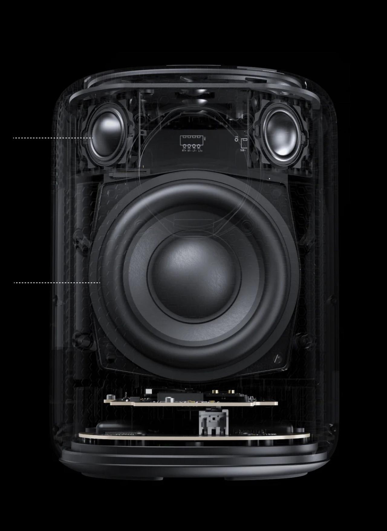 画像: WiiM Soundは本体内部にドーム型高域ユニットを2基、低域用ユニットを1基搭載したワンボックススピーカーであり、1台でステレオ再生に対応している。1台再生時のインプレッションは前回詳しくお届けしている