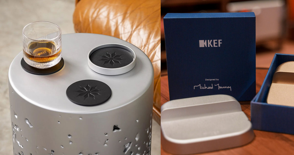 画像: 購入特典「KEF x Michael Young コースターセット」(左)と「KEF x Michael Young ヴァイナルスタンド」(右)