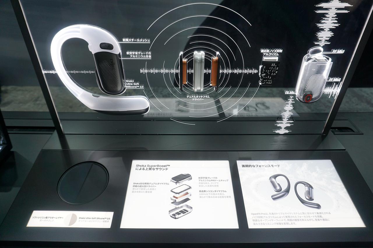 画像: 「OpenFit Pro」展示会場に展示されていた「OpenFit Pro」の展開図。「Shokz SuperBoost™」や「フォーカスモード」のほか、製品の内部構造が一目で分かる
