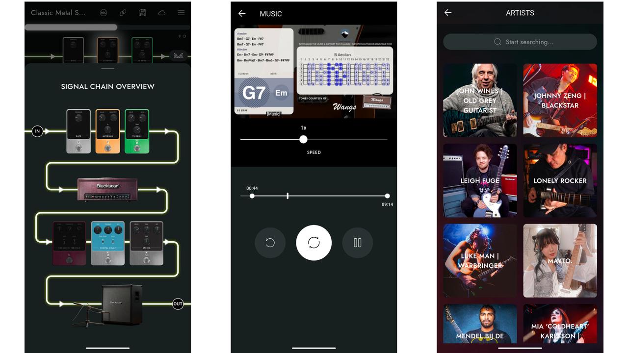 画像: 専用アプリ「BEAM」の画面。左はアンプやエフェクトなどの全体構成で、作成した音はアプリ内に保存可能。中央は音源とセッションできる「MUSIC」機能で、フレーズのループ再生やコード、スケール表示に対応する。右はプロが制作したギター音色のダウンロード画面。さらに録音・再生、チューニング、メトロノームなど多機能を備え、今後のアップデートにも対応予定だ