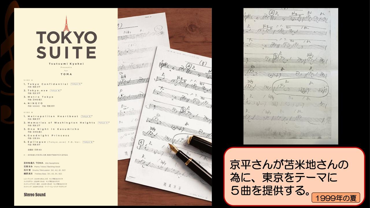 画像: 筒美氏からFAXで送られてきた楽譜の一部（画像右）と『TOKYO SUITE』ライナーノーツの表紙（画像左）