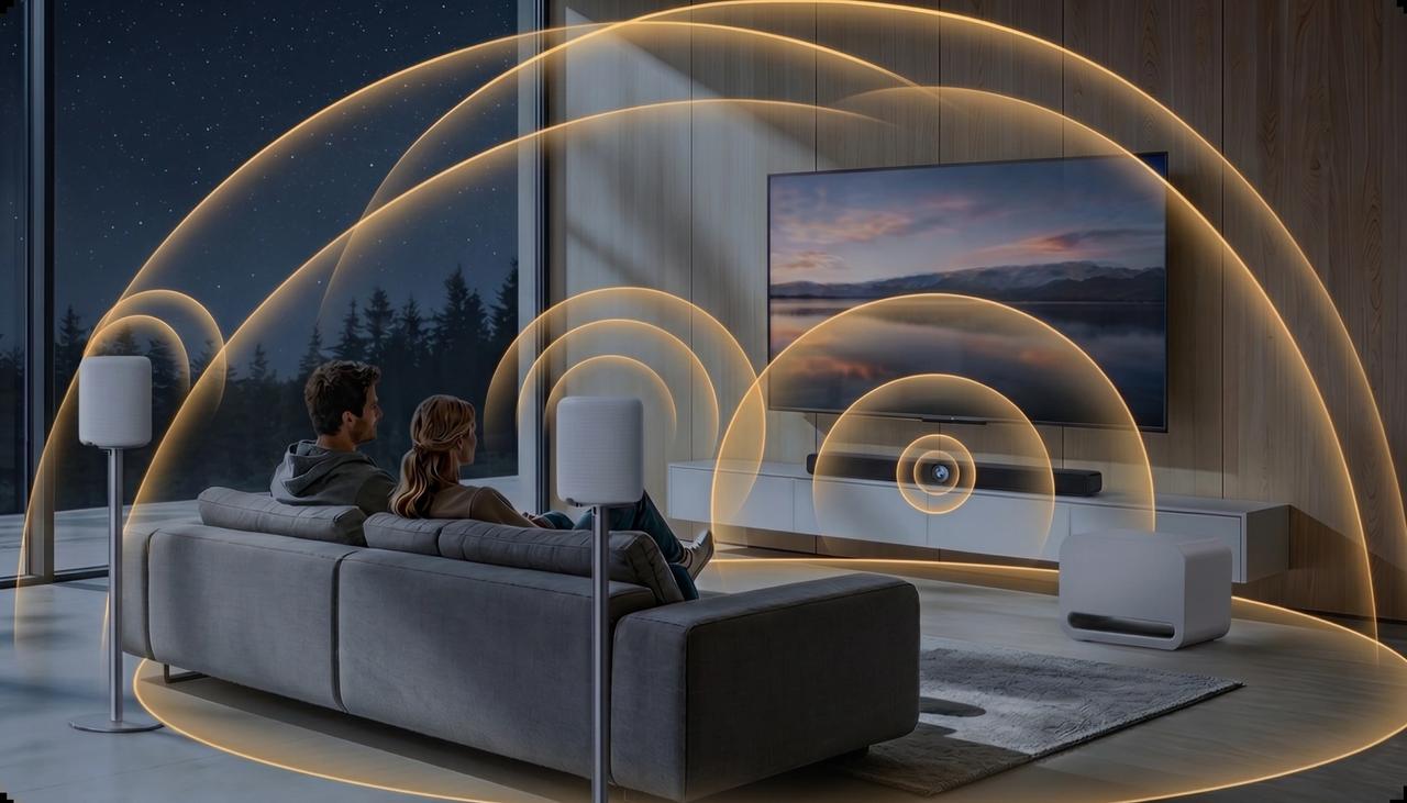画像: 本国のホームページで紹介されている再生イメージ。WiiM BARは、日本でもリリースされているスマートスピーカーWiiM Soundを組み合わせることでワイヤレスサラウンドにも再生する