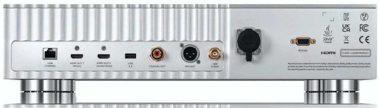 画像: 本体の端子は、非常にシンプル。LAN端子（RJ45）、2系統のHDMI端子、USB 3.0端子（TypeA）、同軸デジタル、バランス・デジタル（AES/EBU）、そして、電源部からの給電端子、10MHzクロック入力端子、制御用RS232端子となる