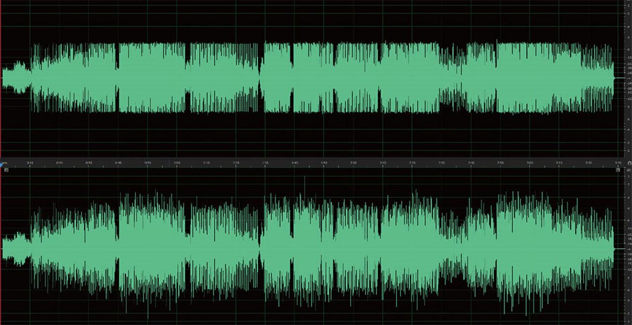 画像: 上は典型的な海苔音源の波形で、曲のほとんどの部分で波形が頭打ちになっている。Sonic Correctorの「RECOVER」フィルターを通すことで音源に本来含まれていた振幅が復元され、下のように自然な波形に戻るという