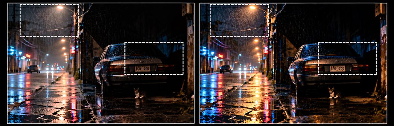 画像: 左が従来のSDR上映で、右はトライコーンプレミアム LEDのHDR上映イメージ