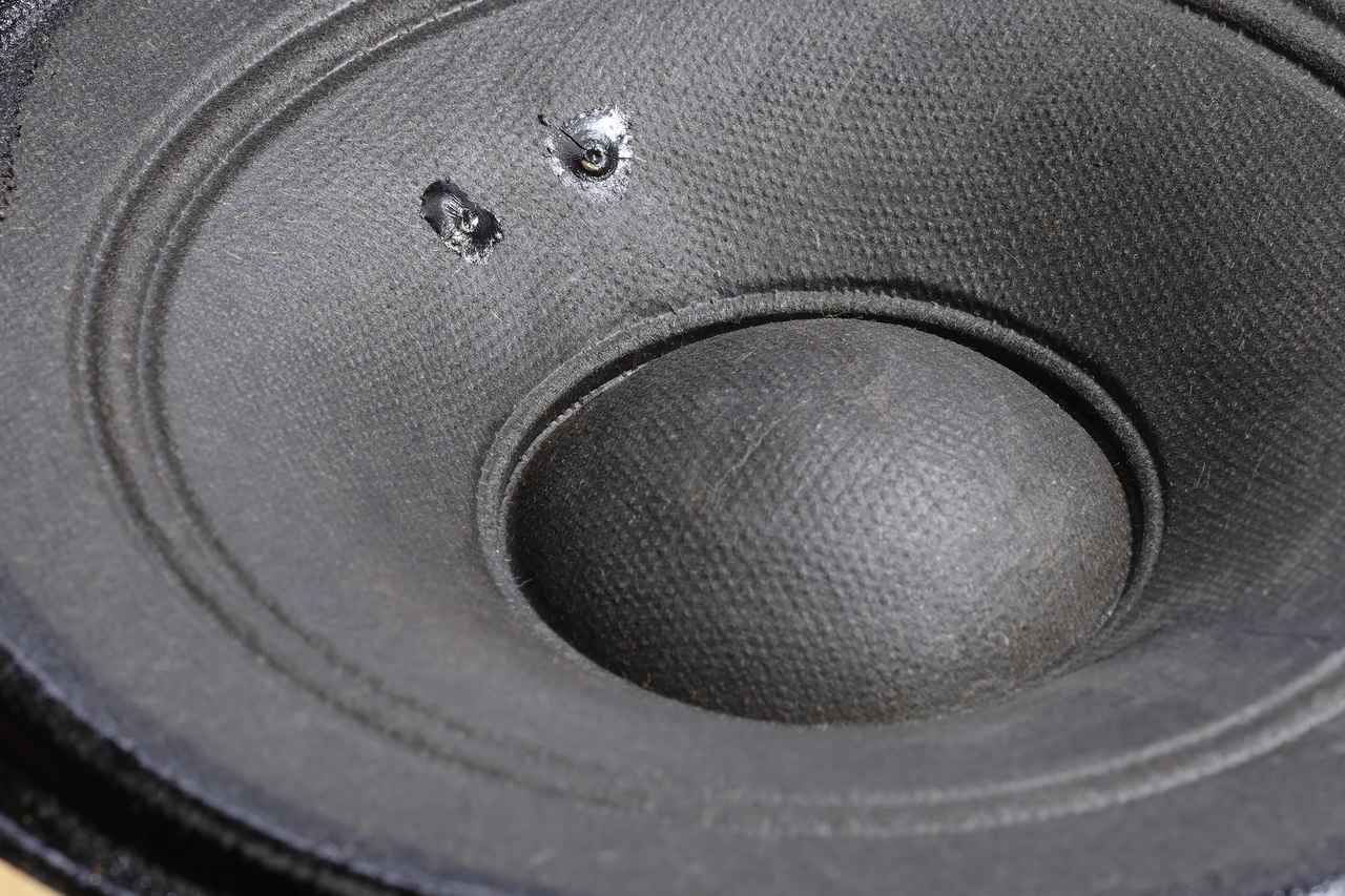 画像: 空気抜き用の側面開口部からダンパー部を見る。ボイスコイル径はWE750Aの10㎝に対して755Aは5㎝。ボイスコイルは銅の丸線二重巻き。