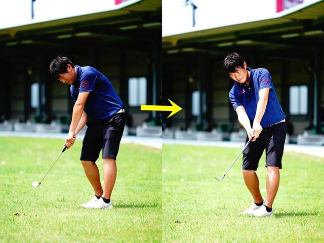 画像: 切り返しからダウンにかけて、左のお尻を後ろに突き出しながらスウィングするイメージ。体が回転しやすくなり、”お尻リード”が体感できる