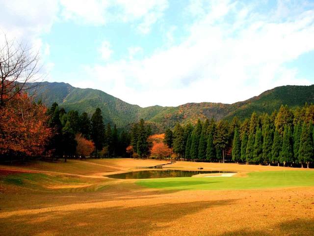 画像: 17番 175Y 池越えのパー3 紅葉最盛期には奥の山並みも黄金色に色づく