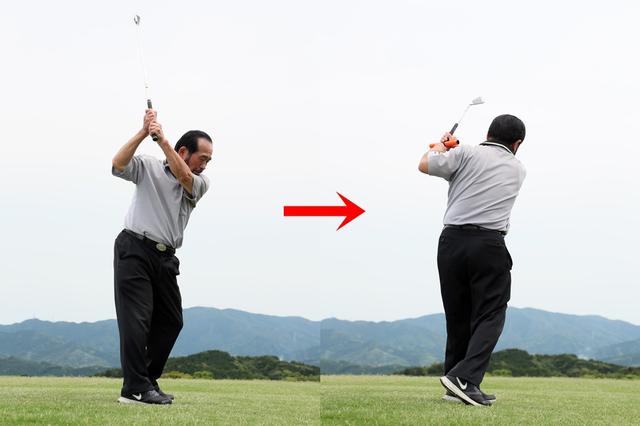 画像: 腕をねじって振らないので、自然にバックスウィングで右わきは開き、フォローで左わきが開く。ひじも自然に曲がる