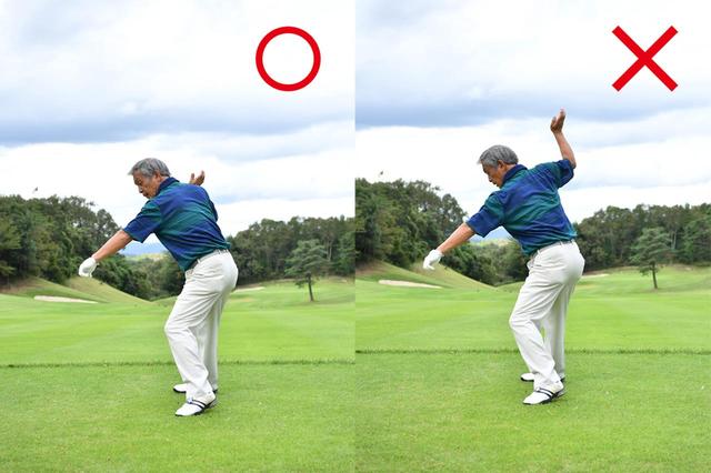 画像: 「前方から見て、右ひじが体に隠れるぐらいのトップが正解。右手の力が抜けたら自然とそうなる。大きく上がるのは、まだ力で腕の軌道を作っている証拠や」(高松)