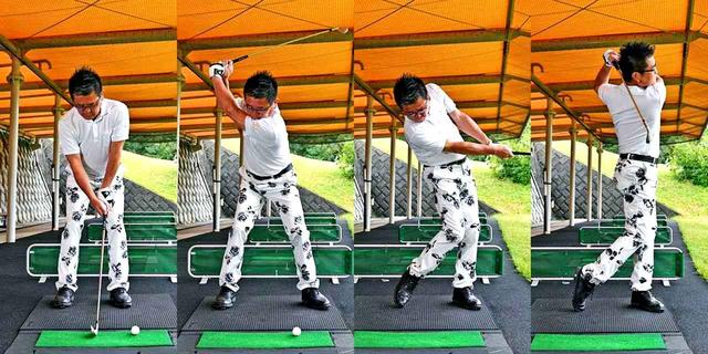 画像: クツ1足ぶんステップ打ちを行い、左に乗る感覚が身についてきたら、さらにクツ半分のステップ打ちへ。そして、自分の実戦スウィングへ戻す。「練習メニューに取り入れて続けていけば、必ずスピードアップしてきます」