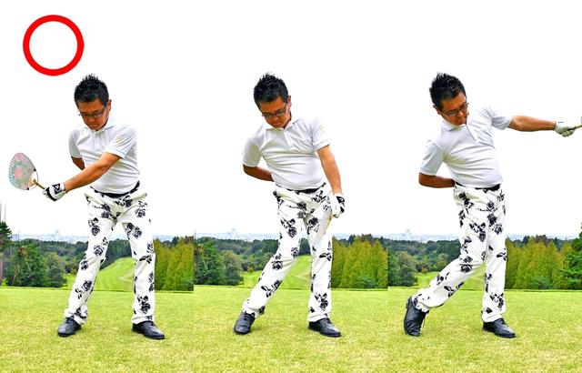 画像: 「うちわは面が大きくて意識しやすいので、ハンドファーストで、スクェアにインパクトする感覚をつかむのに最適。面の向きを変えずに、左手の甲を目標に低く長く押し込んでいくイメージ。フォローで面が下を向くと、インパクトが不安定になります」