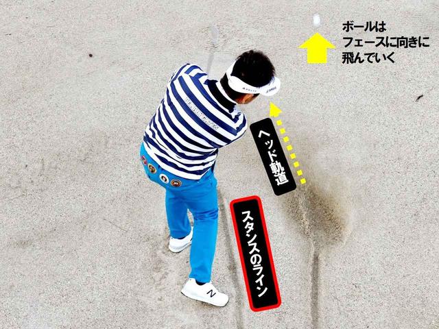画像: 【砂の取れた跡がスタンスと合致する】「スクェアに振っている」と言うとおり、藤田プロのインパクトを見ると一目瞭然。エッジからではなくバウンスで砂を打っているいるので深さも、砂の飛散量も適度だ