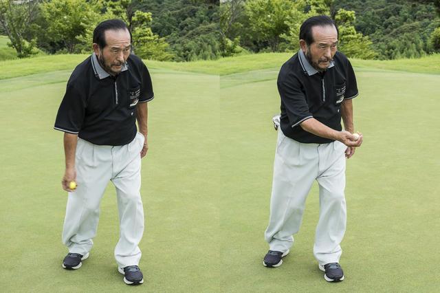 画像: 「半身の構えでバランスよく立ち、両目でカップを見て、右手の感性を生かして投げる。右手の動きは、真っすぐ引いて、真っすぐ出して、最後に上へ。感覚をつかめたらパターに持ち替えてください」
