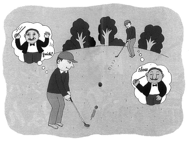 画像: 上りは振り幅を大きくせずに、ストロークの始動リズムを速める。自然にインパクトにかけてのスピードも増し、ボールの転がりが強くなる。逆に下りはスローにすることで、転がりすぎを防ぐ