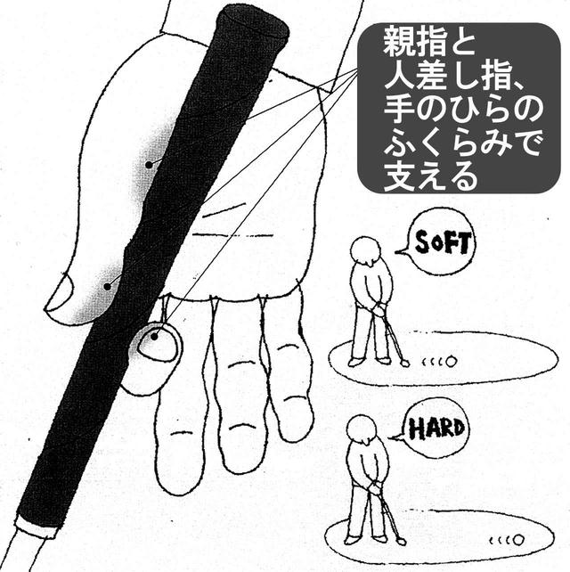 画像: 右手の親指と人差し指の力加減によって距離を打ち分けられる。短い距離はソフトに、長い距離は強く。振り幅は考えず、出球のスピードをイメージ