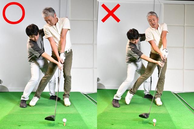 画像: 〇インパクトで胸が正面を向くイメージ、×体が先に回りすぎて手が振り遅れる