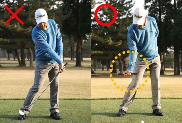 画像: 右手を右太もも前付近に下ろしてくるのが正しいダウンスウィング。手元が浮くとフェースが開いてしまいます