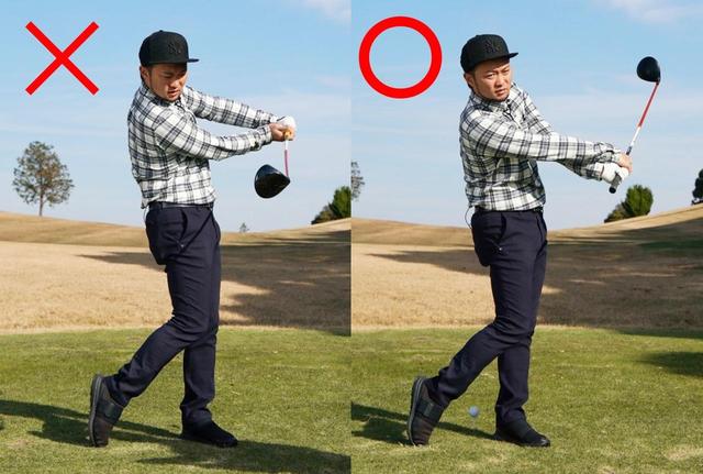 画像: 体を回しすぎるとヘッドの戻りが遅くフェースが開いてしまう。体の回転を待てばヘッドが戻り振り切れます