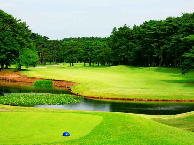 画像: 大利根CC17番 435Y P4 池越えでゆるやかに左へカーブしていく