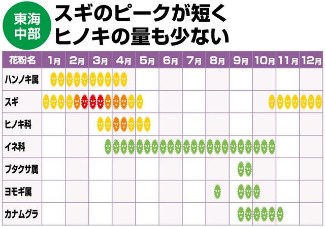 画像: スギのピークが短く、比較的量も少ない東海・中部。「東海はマシかもしれませんが、愛知、岐阜はスギの植林が逆に多い地域。決して油断してはいけません」(佐橋先生)