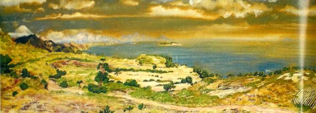 画像1: 現在もホテルロビーに飾られている初期の川奈を描いた日本画。造成中の富士コースと大島コース。中央部分がホテル予定地。このころ、大島コースにはコテージがあり、ゲストハウスとして使われていた