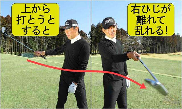 画像: 上から打とうとすると右ひじが離れて、軌道が波打つ。これがダフる動き