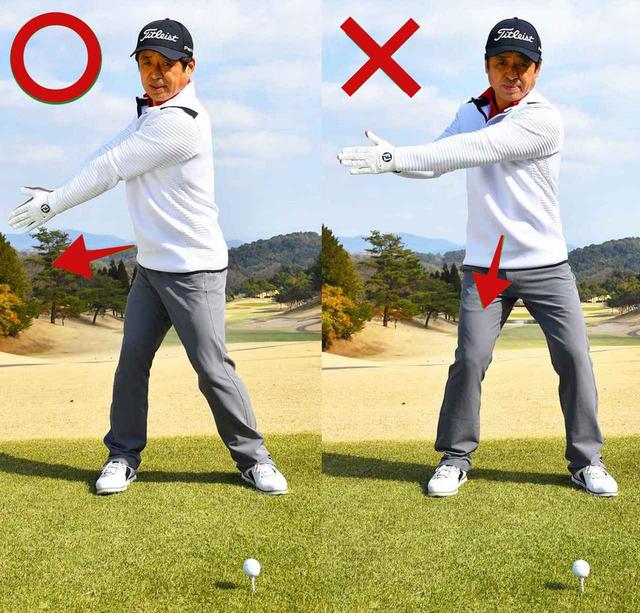 画像: おへそを右に向けてテークバック。左手の甲は下向き