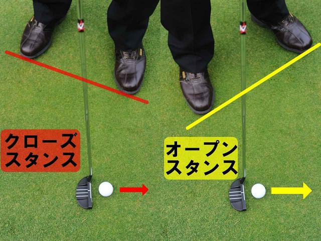 画像: 左足を引いたオープンスタンスにすると、自分お体に対してボールが右足寄りになる。視界が変化すると思に、フェースが開いても当たりやすくなる。一夫、クローズに構えるボールが左足寄りになり、フェースは閉じて当たりやすくなる。ス案すを変化させたときは、ボールの位置の調整が必要だ