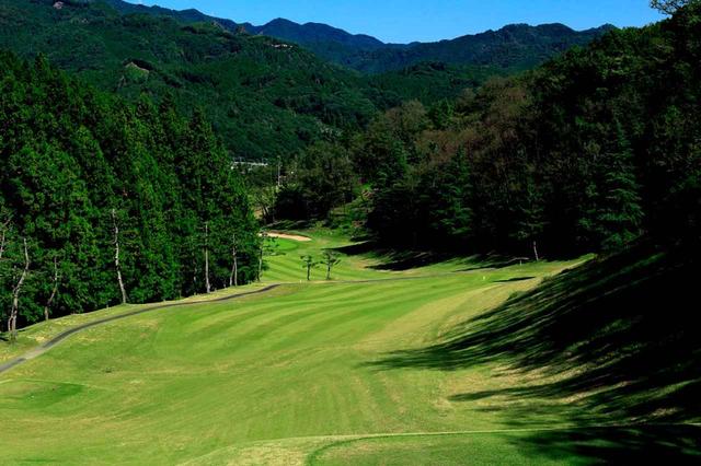 画像: 南5番ホール(454Y ・P4)打ち下ろしの左ドッグレッグ。左右にはOBがある