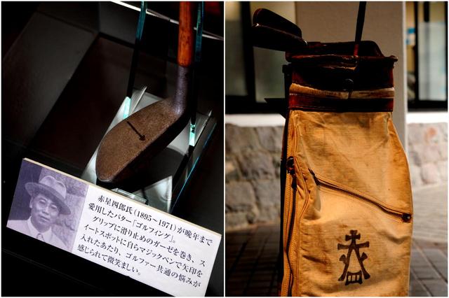 画像: 箱根CCクラブハウスには四郎のゴルフ道具が所蔵されている。ペンで描かれたキャディバッグのマークは「赤と四」を組んだもの