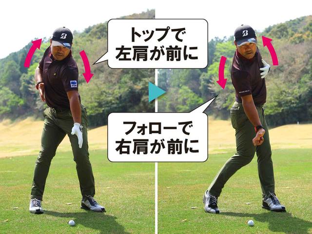 画像: どちらか片方のわき腹を「締めすぎる」と、上体が過度に傾いて、バランスが崩れる。両足の幅の中で、腰と上体を一緒に回し、肩を入れ替える
