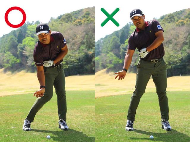 画像: ダウンスウィングで右わき腹を縮めようとすれば、自然に腰が回転し、上体の前傾角度も保てる。わき腹が伸びると、体全体が伸び上がる