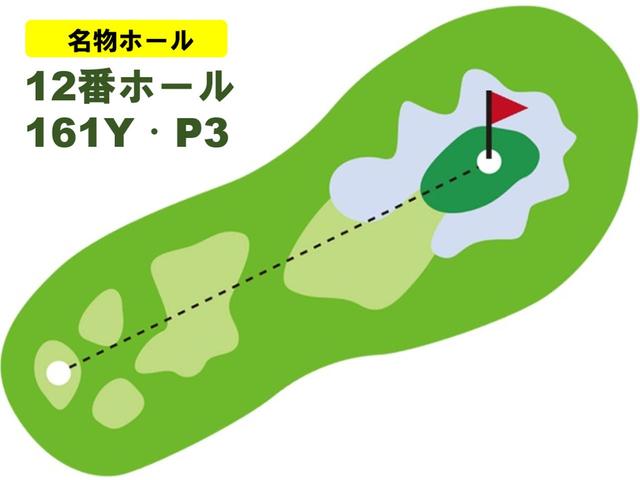 画像: バックティで161ヤードと距離は長くないが、右手前の花道以外、グリーンはバンカーに囲まれている。縦に2段のグリーンで奥に上る傾斜だが、芝目は左から右と複雑。ピンと同じ段に乗せないとパーは難しい