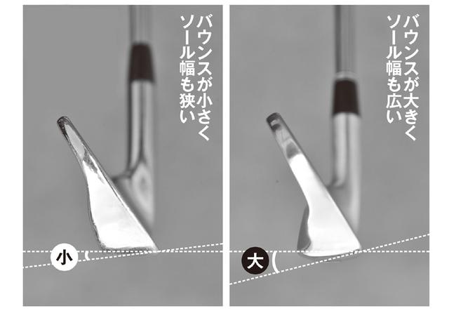 画像: ソール形状は、同じ番手でもモデルによって変わる。どちらも7Iだが、右のモデルはバウンスが大きく、ソール幅も広い。「この違いを知り、自分のスウィングに合うものを選ぶことが大切」と湯原