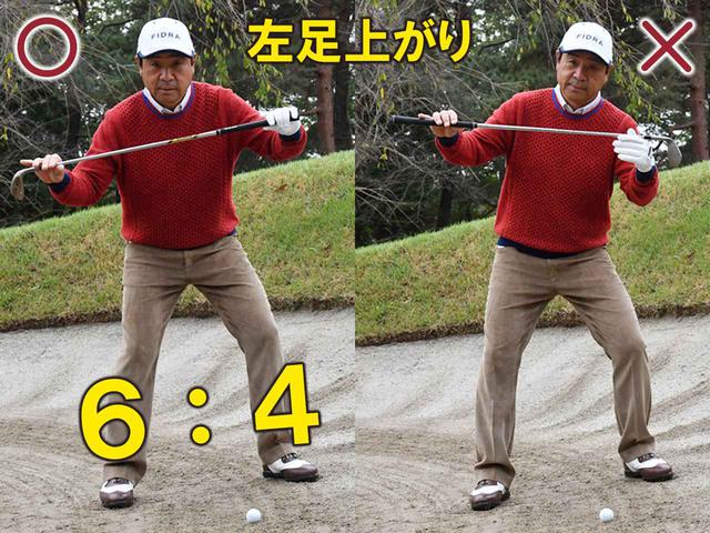 画像: 〇傾斜と肩のラインを平行にして、右足に体重が多くかかるように構える ✖上から打ち込んでボールを上げようとする人も多いが、返ってボールが上がらなくなる