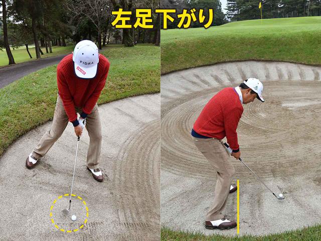 画像: (左)肩のラインを傾斜と平行にする。ボールが上がりやすいように、フェースを軽く開いておこう (右)体重の6割を左足に乗せてスクェアに構える。高さを出すためにフェースを少し開こう