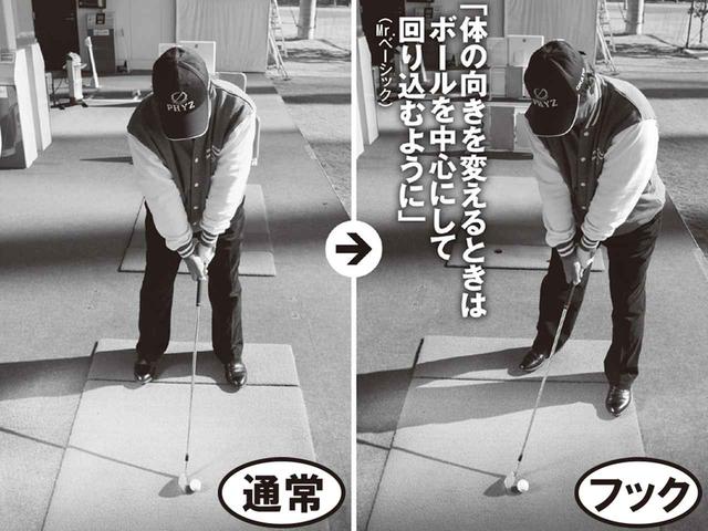 画像: フックを打っために体の向きを変えるとき、その場で右を向いてしまうと、体とボールの距離が変わってしまう。「両肩、グリップ、ボールの位置関係を変えないようにすれば、体の向きを正しく変えることができます」
