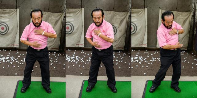画像: 鼻で吸いながらテークバック、口から息を吐いてダウンからフィニッシュへ。「腹式呼吸は長く吐き出せるので、インパクトで打ち込んでしまう動作がなくなります」