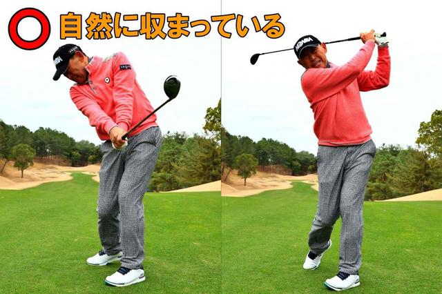 画像: あごを地面に向けたまま、前傾姿勢を保ったまま、スウィング。「それが可能な範囲内でしっかり振り切れれば、自然とフィニッシュは収まります」