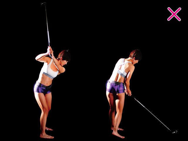 画像: 右わきが開くと上体が突っこみミスヒットの原因に