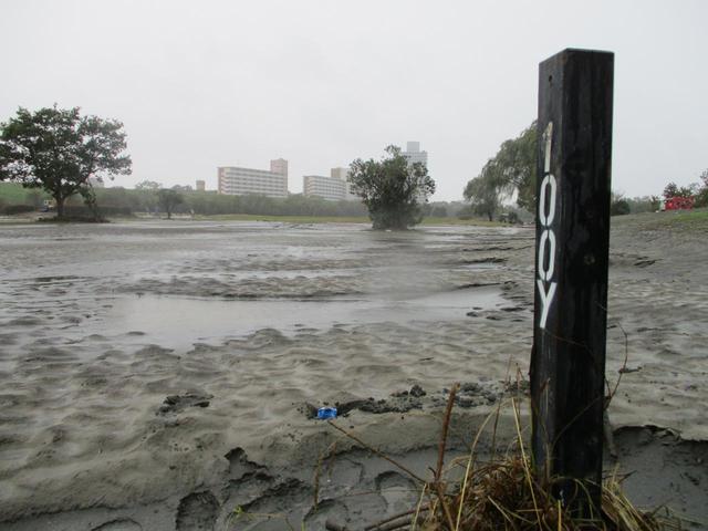 画像: 冠水、そして水が引いた後の赤羽ゴルフ倶楽部には大量の川砂とヘドロが堆積していた