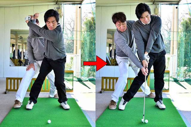 画像: 軸をずらさずに上げようとしすぎると、トップで体が沈み込みやすく、ダウンスウィングでは逆に伸び上がりやすくなる。リリースが早くなり、ハンドファーストには当てづらくなる