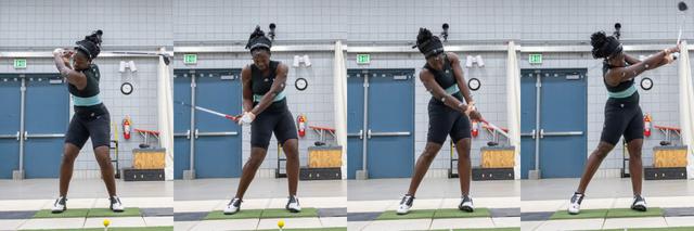 画像: 米女子下部ツアーで活躍するラカレベ・アベ選手。ダウンで左に体重を乗せ切れておらず、腰と肩が同時に回転してしまっていることを教授は指摘